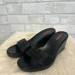 Prada Logo Open Toe Wedge Platform Slip Ons Size 38.5